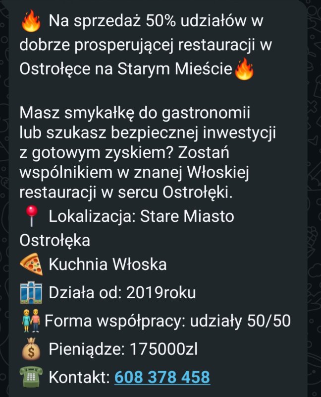 Poszukiwany wspólnik do funkcjonującej restauracji