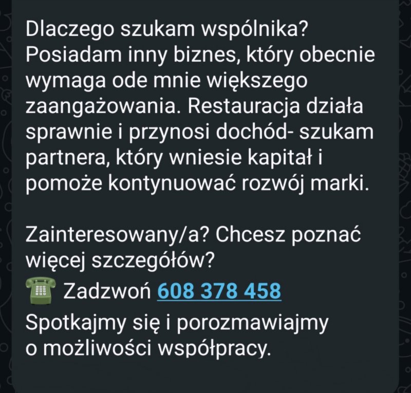 Poszukiwany wspólnik do funkcjonującej restauracji - 01